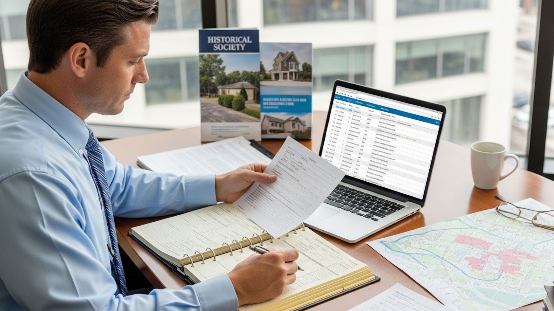 Real estate agent reviewing public property records and ownership history to find potential buyers